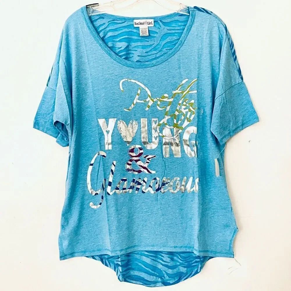 NWT Rocker Girl XXL Pretty Young & Glamorous Blue Short Sleeve High Low T- Shirt